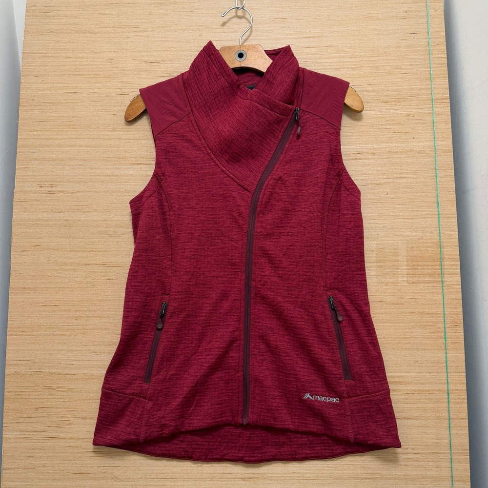Macpac Womens Asymmetrical Zip Wrap Vest Burgundy Heather Grid Fleece Size 10